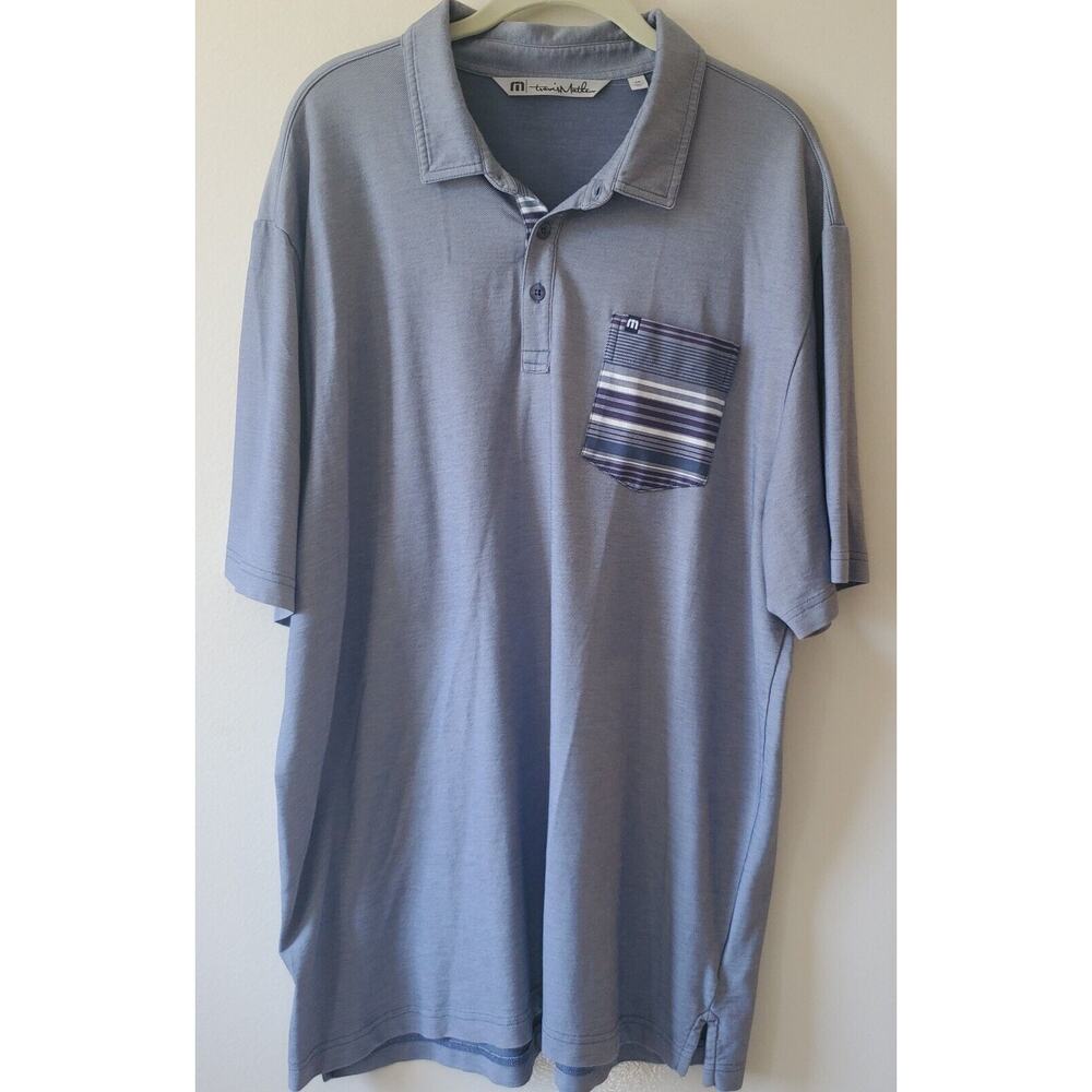 Travis Mathews Mens XXL Blue Striped Pocket Short Sleeve Collard Golf Shirt